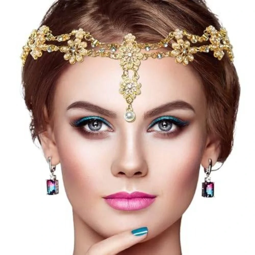 Gold Floral Rhinestone Pearl Double Chain Headband Boho Bridal‎ Hair Accessory
